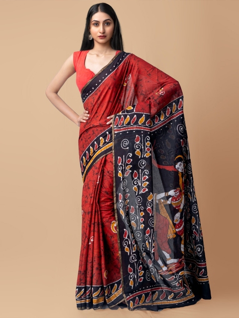 

Unnati Silks Maroon & Navy Blue Batik Printed Pure Cotton Kota Saree