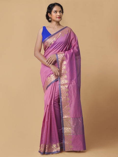 

Unnati Silks Pink & Blue Woven Design Silk Cotton Baluchari Saree