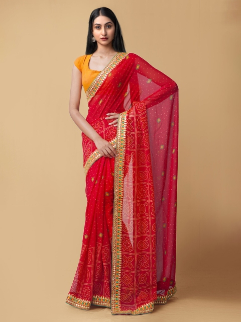 

Unnati Silks Women Red Gota Patti Bandhani Chiffon Saree