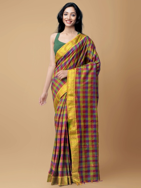 

Unnati Silks Green & Pink Checked Zari Silk Cotton Chettinad Saree