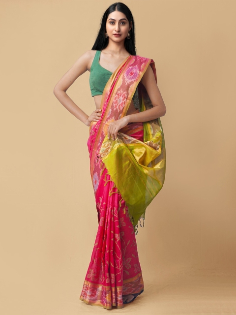 

Unnati Silks Pink & Green Ethnic Motifs Zari Silk Cotton Uppada Saree