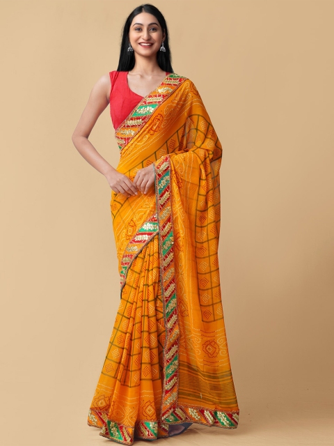 

Unnati Silks Yellow & Green Bandhani Gotta Patti Bandhani Saree