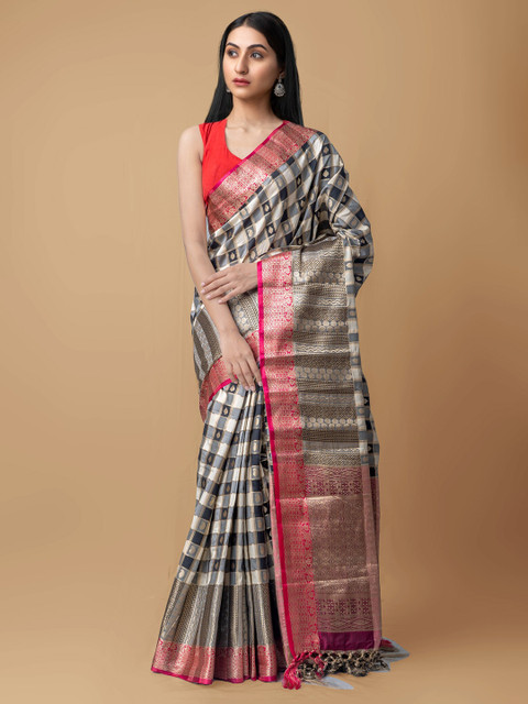 

Unnati Silks Grey & Magenta Woven Design Silk Cotton Chettinad Saree