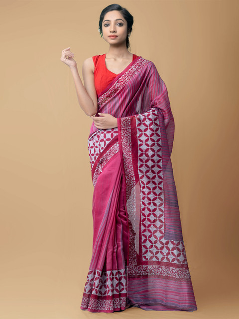 

Unnati Silks Purple & Off White Dabu Silk Cotton Chanderi Saree