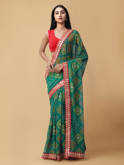 

Unnati Silks Green & Red Bandhani Gotta Patti Border Bandhani Saree