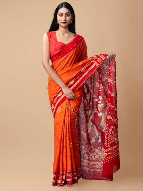 

Unnati Silks Orange & Maroon Batik Pure Cotton Kota Saree