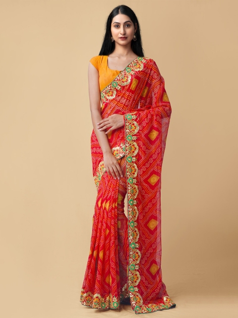

Unnati Silks Red & Green Bandhani Gotta Patti Bandhani Saree