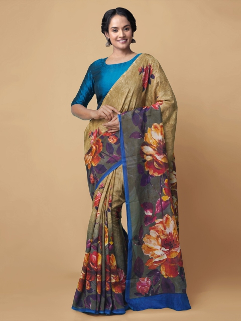 

Unnati Silks Brown & Blue Floral Digital Printed Block Print Saree