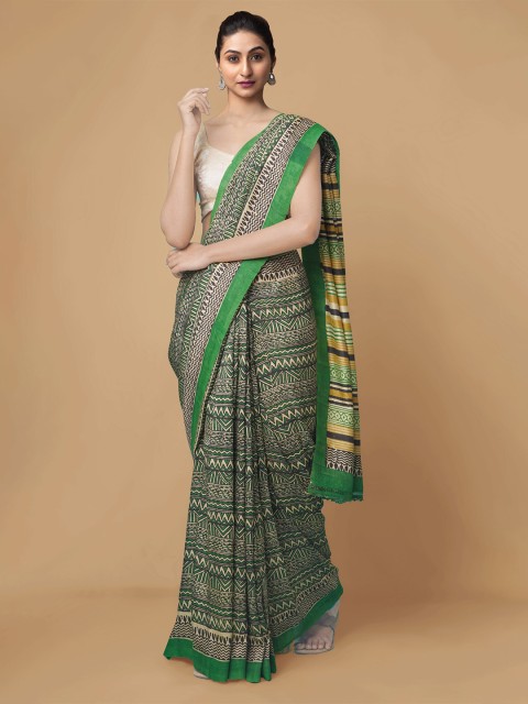 

Unnati Silks Green & Beige Dabu Pure Silk Pure Handloom Sustainable Tussar Saree