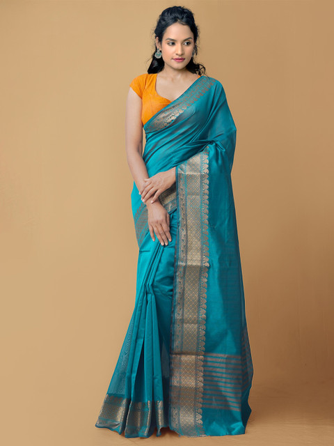 

Unnati Silks Blue & Gold-Coloured Woven Design Zari Silk Cotton Baluchari Saree