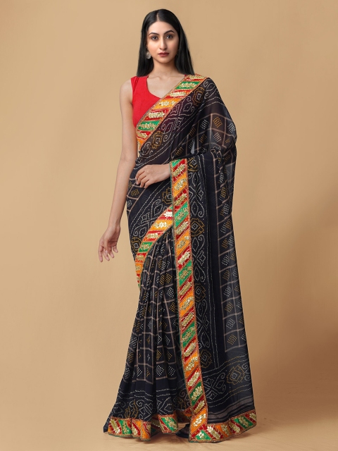 

Unnati Silks Black & Green Gotta Patti Bandhani Saree