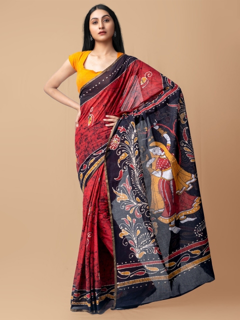

Unnati Silks Maroon & Black Batik Pure Cotton Kota Saree