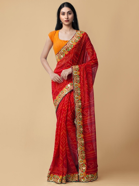 

Unnati Silks Red & Gold-Toned Bandhani Gotta Patti Bandhani Saree