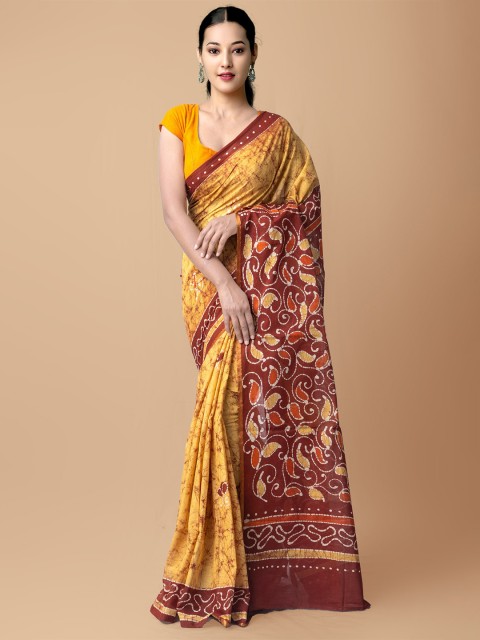 

Unnati Silks Yellow & Brown Batik Pure Cotton Kota Saree