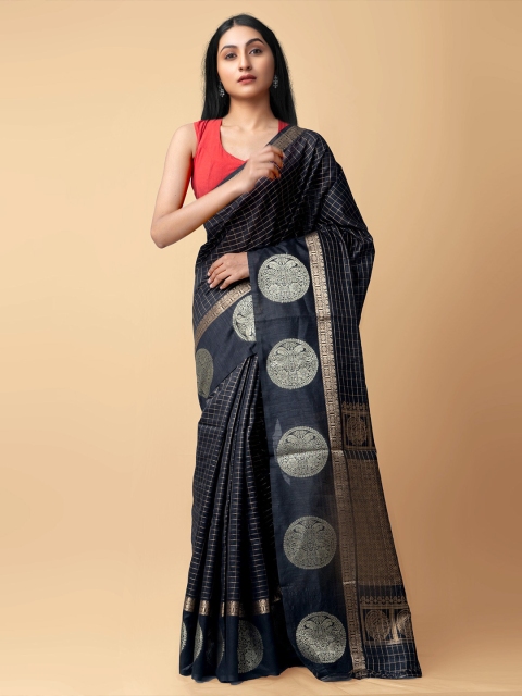 

Unnati Silks Black & Silver-Toned Woven Design Zari Silk Cotton Chettinad Saree