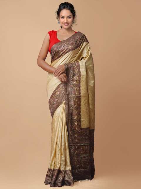 

Unnati Silks Cream-Coloured & Brown Ethnic Motifs Block Print Saree