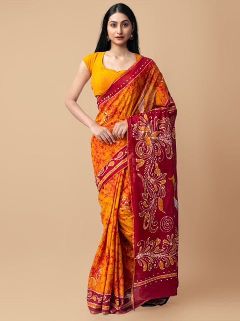 

Unnati Silks Women Rust Printed Pure Handloom Sustainable Hand Painted Batik Cotton Saree