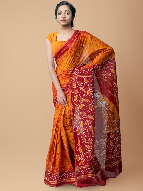 

Unnati Silks Rust Orange Hand Painted Batik Pure Cotton Kota Saree