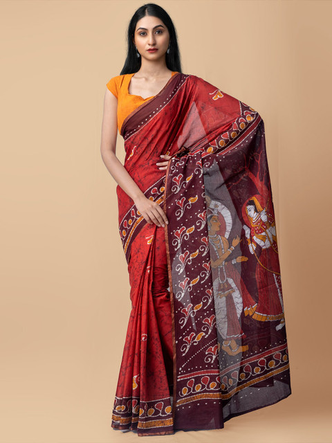 

Unnati Silks Maroon & White Batik Pure Cotton Handloom Sustainable Kota Saree