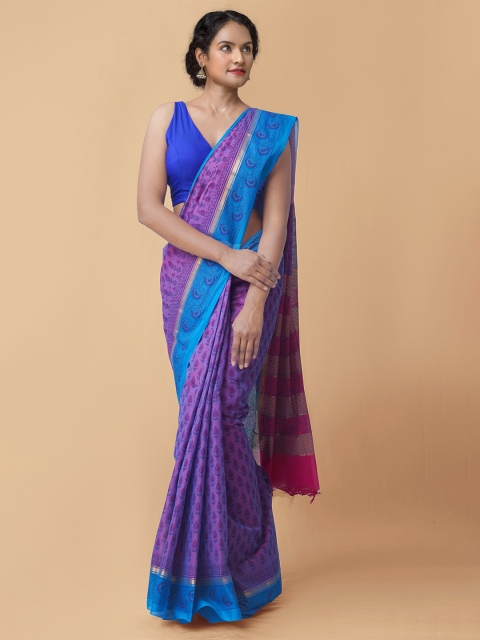 

Unnati Silks Purple & Blue Ethnic Motifs Zari Pure Cotton Mangalagiri Saree