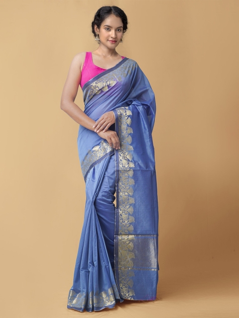 

Unnati Silks Blue & Gold-Toned Ethnic Motifs Silk Cotton Baluchari Saree