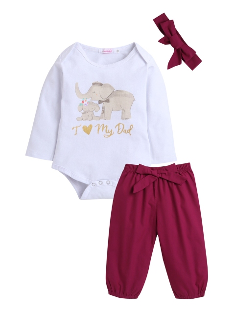 

Hopscotch Girls White & Maroon Printed T-shirt with Trousers