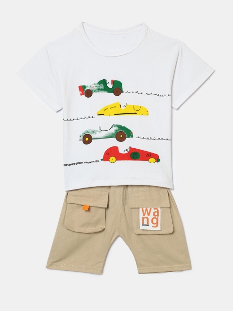 

Hopscotch Boys White & Tan Vehicle Printed T-shirt with Shorts