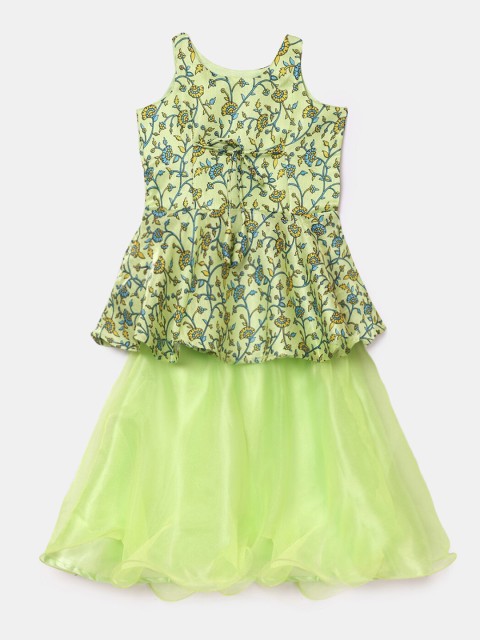 

Hopscotch Girls Green & Blue Printed Ready to Wear Lehenga & Top