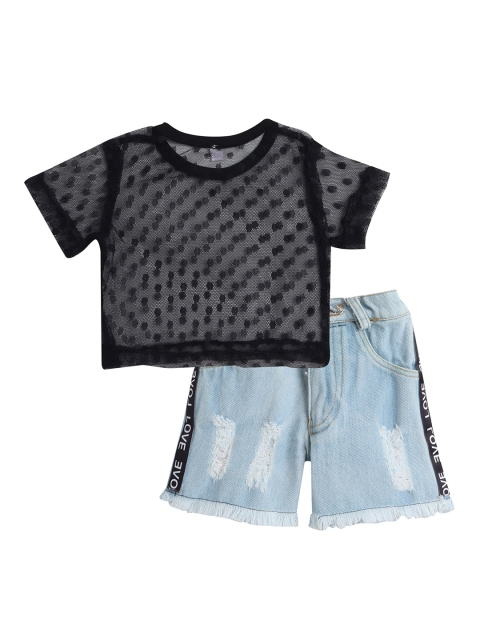 

Hopscotch Girls Black & Blue Self Design Organic Cotton Top with Shorts