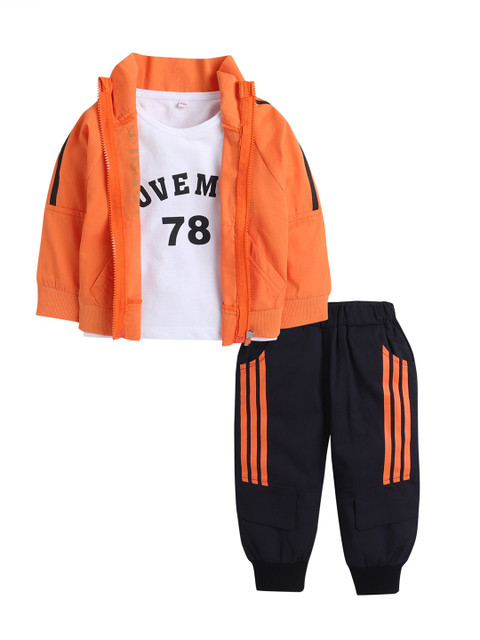 

Hopscotch Boys Orange & Black Printed T-shirt & Trousers with Jacket