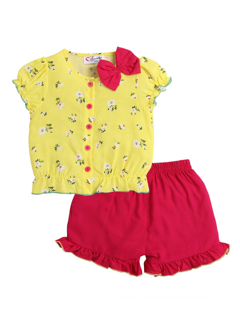 

Hopscotch Girls Yellow & Red Printed Organic CottonTop with Shorts