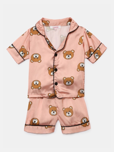 

Hopscotch Boys Pink & Brown Teddy Printed Pure Silk Night suit