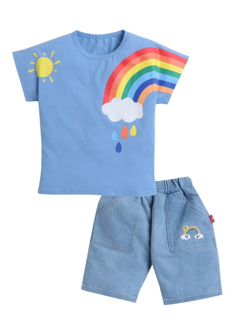 

Hopscotch Boys Blue Rainbow Printed T-shirt with Shorts