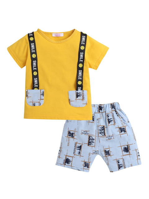 

Hopscotch Boys Yellow & Blue Printed Cotton Blend T-shirt with Shorts