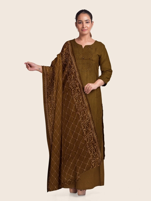 

Pothys Mustard Embroidered Raw Silk Unstitched Dress Material