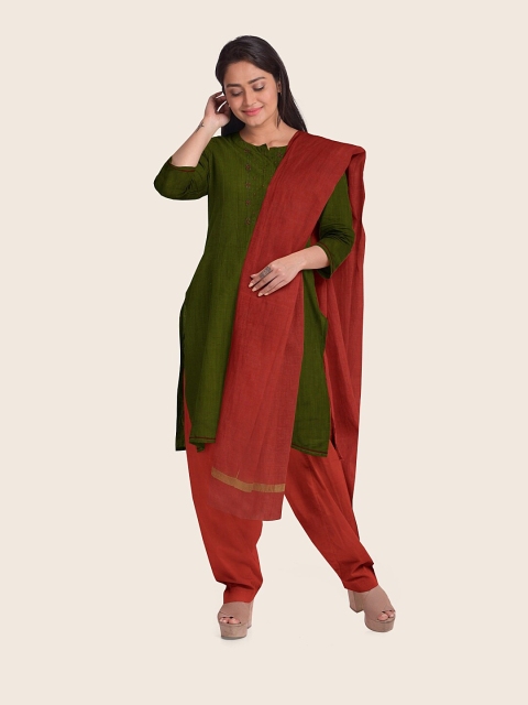 

Pothys Green & Red Embellished Unstitched Dress Material