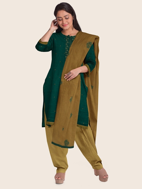 

Pothys Green & Camel Brown Embroidered Unstitched Dress Material