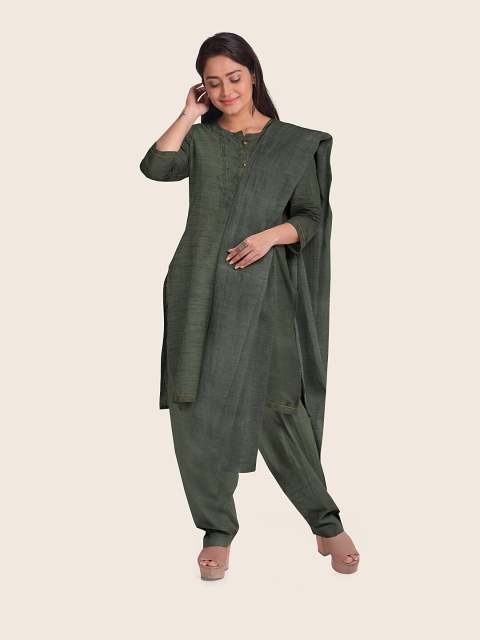 

Pothys Olive Green & Grey Embroidered Raw Silk Unstitched Dress Material With Dupatta