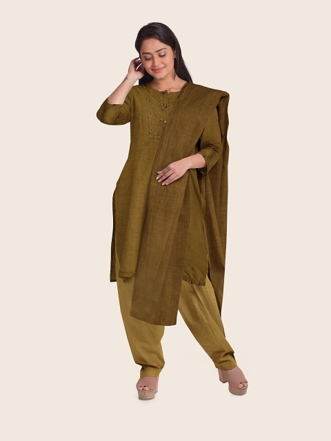 

Pothys Woman Green Embroidered Raw Silk Unstitched Dress Material