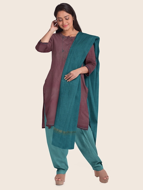 

Pothys Rust & Turquoise Blue Woven Design Unstitched Dress Material