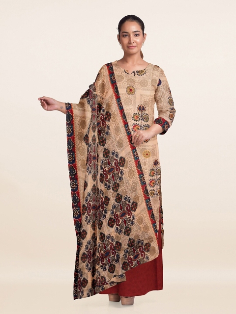 

Pothys Cream-Coloured & Maroon Printed Unstitched Dress Material