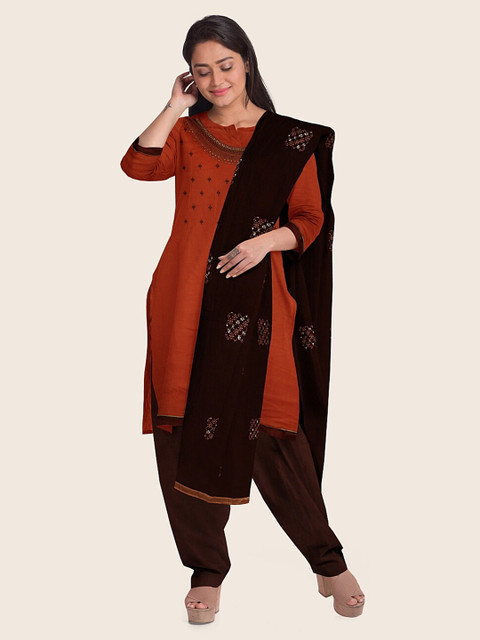 

Pothys Orange & Brown Embroidered Unstitched Dress Material