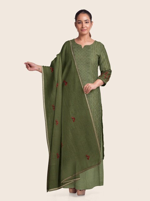 

Pothys Women Green & Red Ethnic Motifs Woven Design Unstitched Dress Material