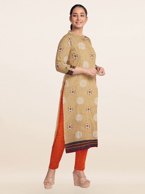 

Pothys Cream-Coloured & Orange Printed Unstitched Dress Material
