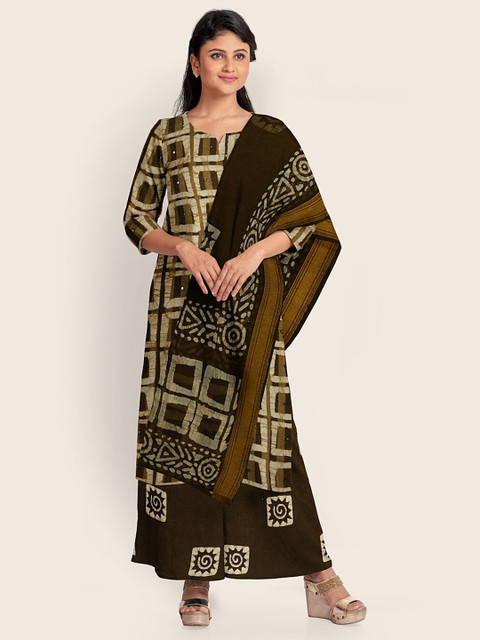 

Pothys Cream-Coloured & Coffee Brown Printed Unstitched Dress Material