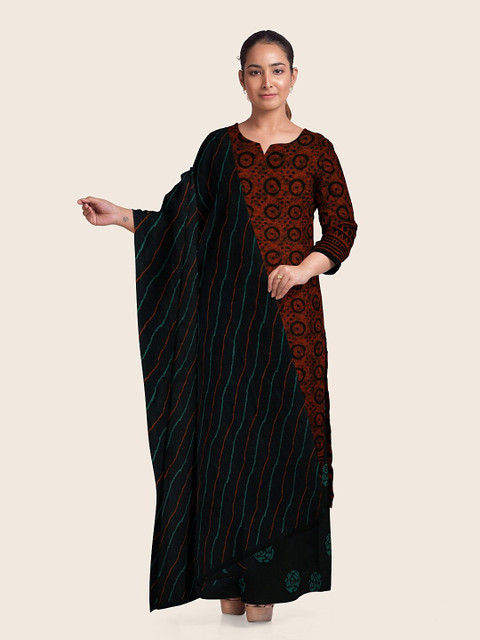 

Pothys Orange & Black Printed Unstitched Dress Material