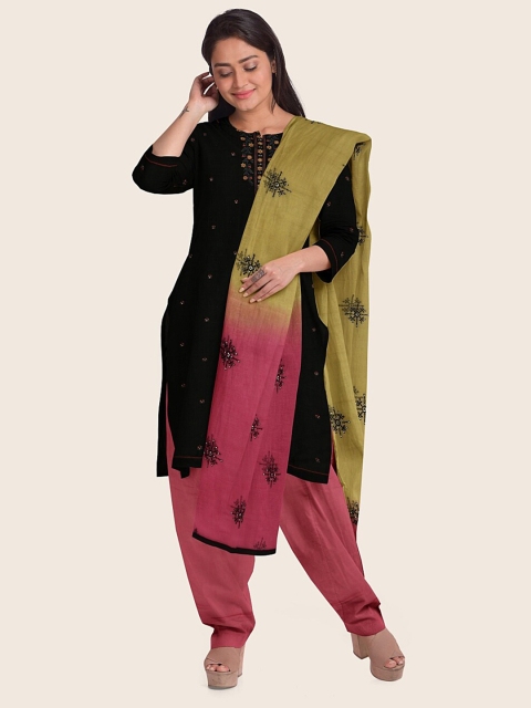 

Pothys Black & Pink Printed Unstitched Dress Material
