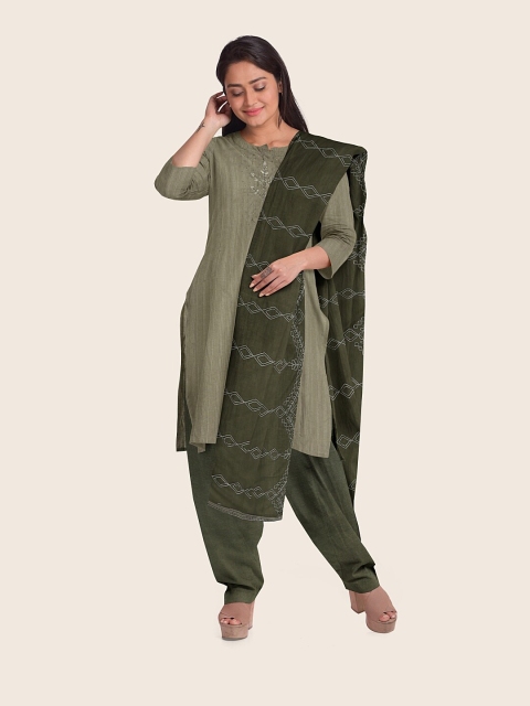 

Pothys Green Embroidered Raw Silk Unstitched Dress Material