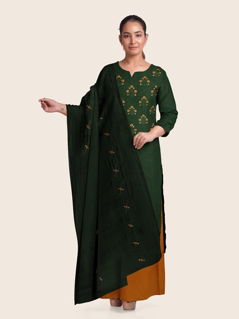 Pothys Green & Mustard Embroidered Raw Silk Unstitched Dress Material