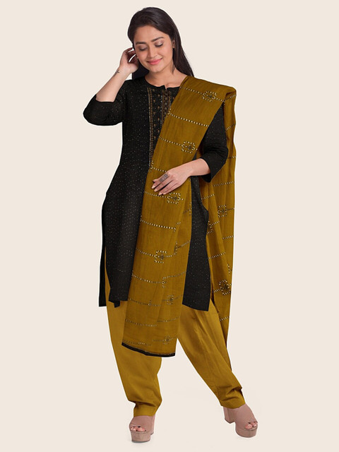 

Pothys Grey & Yellow Embroidered Raw Silk Unstitched Dress Material